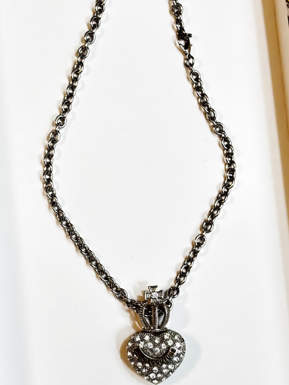 Juicy Couture Silver Tone Heart Necklace with Rhinestones Adjustable Chain